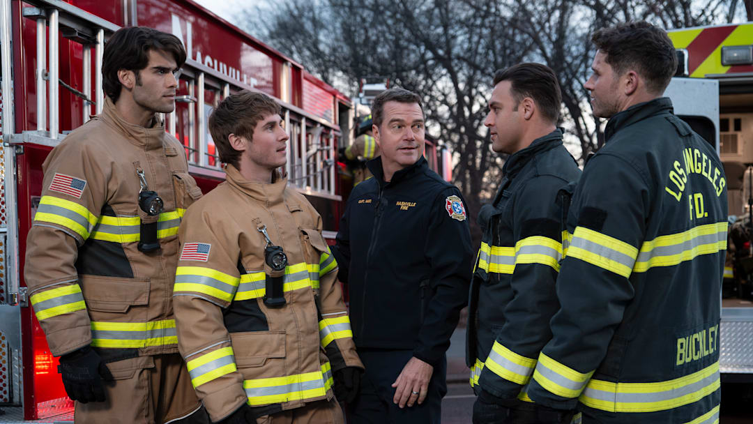 9-1-1: NASHVILLE - “Spirit of the Games” - ABC. (Disney/Jake Giles Netter) 
HUNTER MCVEY, MICHAEL PROVOST, CHRIS O'DONNELL, RYAN GUZMAN, OLIVER STARK