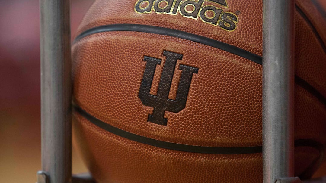 Basketball showing the IU logo before the game between the Indiana Hoosiers and the Eastern Washington Eagles at Assembly Hall in 2014. 