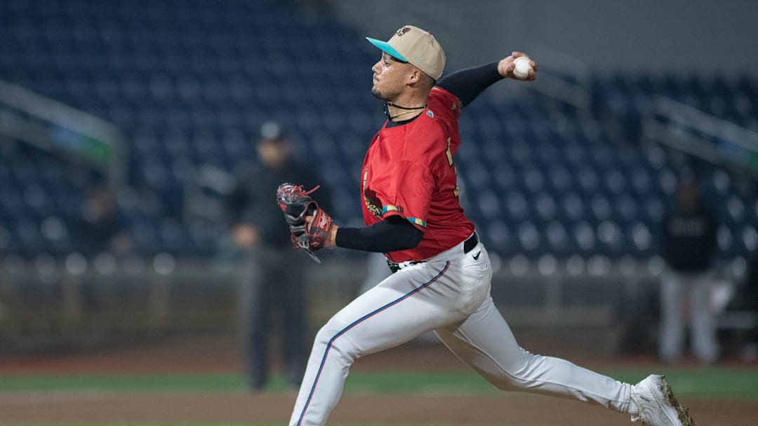 Zach McCambley (31) pitches during the Monterrey Sultanes vs Pensacola Blue Wahoos (wearing Pok-Ta-Pok uniforms) exhibition baseball game at Blue Wahoos Stadium in Pensacola on Tuesday, April, 2, 2024. Pok-Ta-Pok was a Mesoamerican game played in the 16th century. Zach McCambley (31) pitches during the Monterrey Sultanes vs Pensacola Blue Wahoos (wearing Pok-Ta-Pok uniforms) exhibition baseball game at Blue Wahoos Stadium in Pensacola on Tuesday, April, 2, 2024. Pok-Ta-Pok was a Mesoamerican game played in the 16th century.