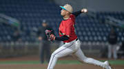 Zach McCambley (31) pitches during the Monterrey Sultanes vs Pensacola Blue Wahoos (wearing Pok-Ta-Pok uniforms) exhibition baseball game at Blue Wahoos Stadium in Pensacola on Tuesday, April, 2, 2024. Pok-Ta-Pok was a Mesoamerican game played in the 16th century.