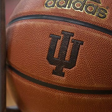 Basketball showing the IU logo before the game between the Indiana Hoosiers and the Eastern Washington Eagles at Assembly Hall in 2014. 