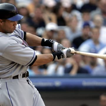 Mets Carlos Beltran hits an rbi single in the 5th against the Yankees, in the second game of the subway series at Yankee Stadium June 25, 2005. The Mets defeated the Yankees 10 - 3.