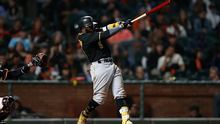 Pittsburgh Pirates utility player Josh Harrison launches a home run against the San Francisco Giants.