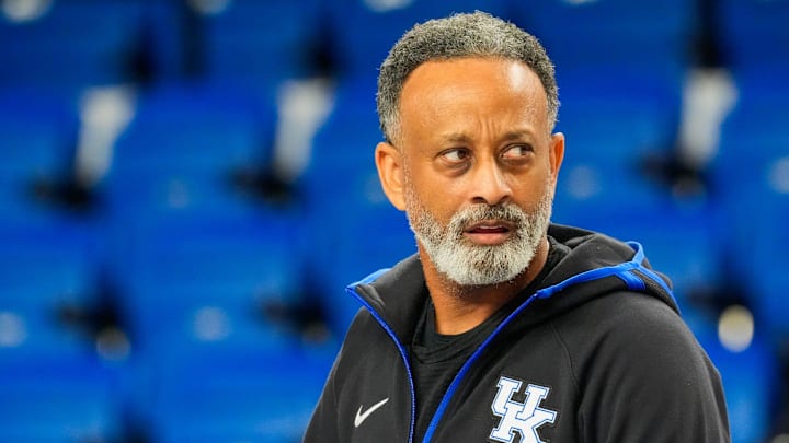 Kentucky head coach Kenny Brooks takes the court for practice ahead of the Wildcats’ NCAA first-round game against Liberty. Thursday, March 20, 2025
