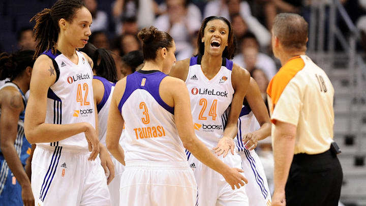 Sep 29, 2013; Phoenix, AZ, USA; Phoenix Mercury guard DeWanna Bonner (24) reacts to a call on the court with teammates guard Diana Taurasi (3) and center Brittney Griner (42) in the game against the Minnesota Lynx at US Airways Center. The Lynx defeated the Mercury 72-65. Mandatory Credit: Jennifer Stewart-Imagn Images Sep 29, 2013; Phoenix, AZ, USA; Phoenix Mercury guard DeWanna Bonner (24) reacts to a call on the court with teammates guard Diana Taurasi (3) and center Brittney Griner (42) in the game against the Minnesota Lynx at US Airways Center. The Lynx defeated the Mercury 72-65. Mandatory Credit: Jennifer Stewart-Imagn Images