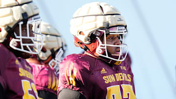 Arizona State Sun Devils offensive lineman Kyle Scott (77) during workouts at Kajikawa Practice fields in Tempe on Wednesday, Dec. 18, 2024.
