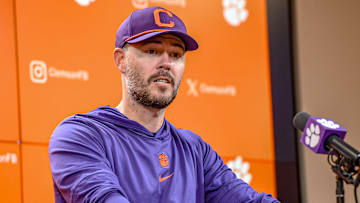 Clemson offensive coordinator Garrett Riley talks with media after Spring Practice in Clemson, S.C. Monday, March 24, 2025.