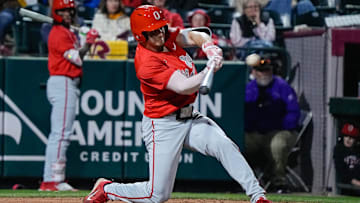 Nick Giamarusti (7) of the Ohio State Buckeyes makes contact at the plate against Arizona State at ASU’s home opener at Phoenix Municipal Stadium Feb. 14, 2025, in Phoenix, Ariz.