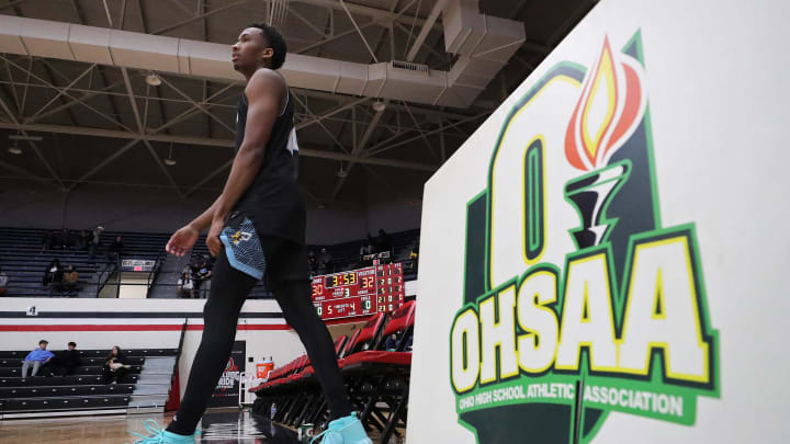 Huntington Prep guard Darryn Peterson, a native of Canton, takes the court for the second half against Richmond Heights at Canton Memorial Field House, Saturday, Feb. 17, 2024.