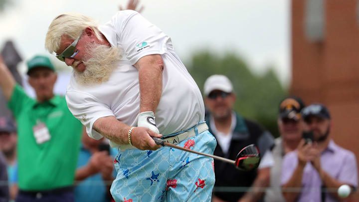John Daly drives his ball during the first round of the 2025 Kaulig Companies Championship.
