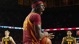 Iowa State Cyclones forward Killyan Toure (27) reacts after a dunk against Iowa during the second half in the men’s basketball Cy-Hawk series on Dec. 11, 2025, in Ames, Iowa.