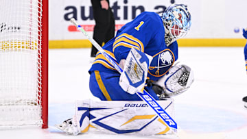 Ukko Pekka-Luukkonen making a save against the Toronto Maple Leafs. 