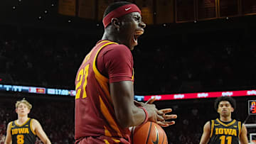 Iowa State Cyclones forward Killyan Toure (27) reacts after a dunk against Iowa during the second half in the men’s basketball Cy-Hawk series on Dec. 11, 2025, in Ames, Iowa.