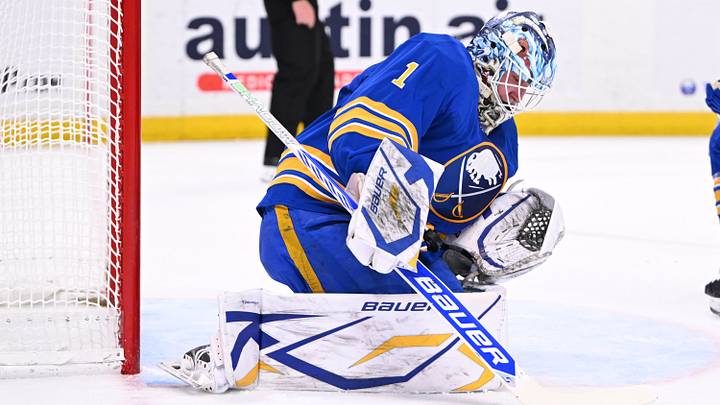 Ukko Pekka-Luukkonen making a save against the Toronto Maple Leafs. 