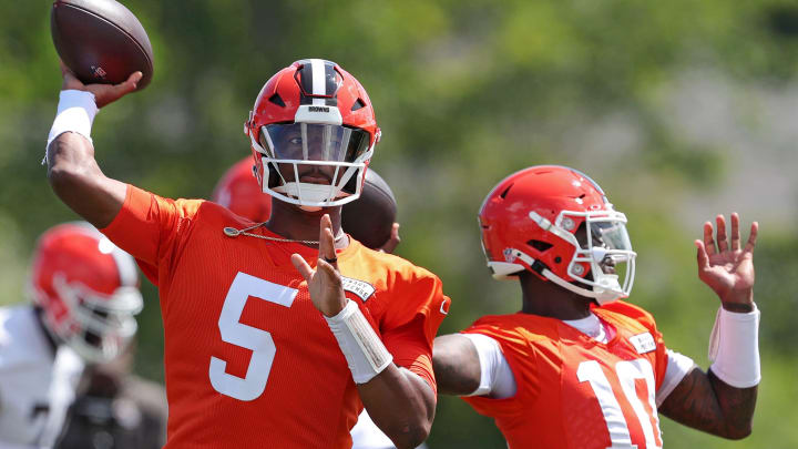 Browns quarterback Jameis Winston (5) participates in quarterback drills with Tyler Huntley during minicamp, Tuesday, June 11, 2024, in Berea.