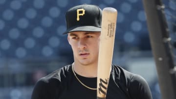 Aug 2, 2024; Pittsburgh, Pennsylvania, USA;  Pittsburgh Pirates shortstop Konnor Griffin who was the ninth overall pick in first round of the 2024 First-Year Player Draft at the batting cage before a game against the Arizona Diamondbacks at PNC Park. Mandatory Credit: Charles LeClaire-USA TODAY Sports