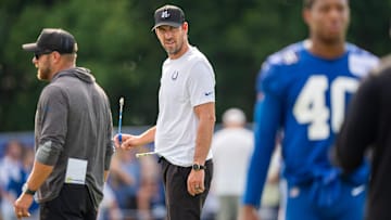 Indianapolis Colts head coach Shane Steichen watches stretching Friday, July 25, 2025, during training camp held at Grand Park in Westfield.