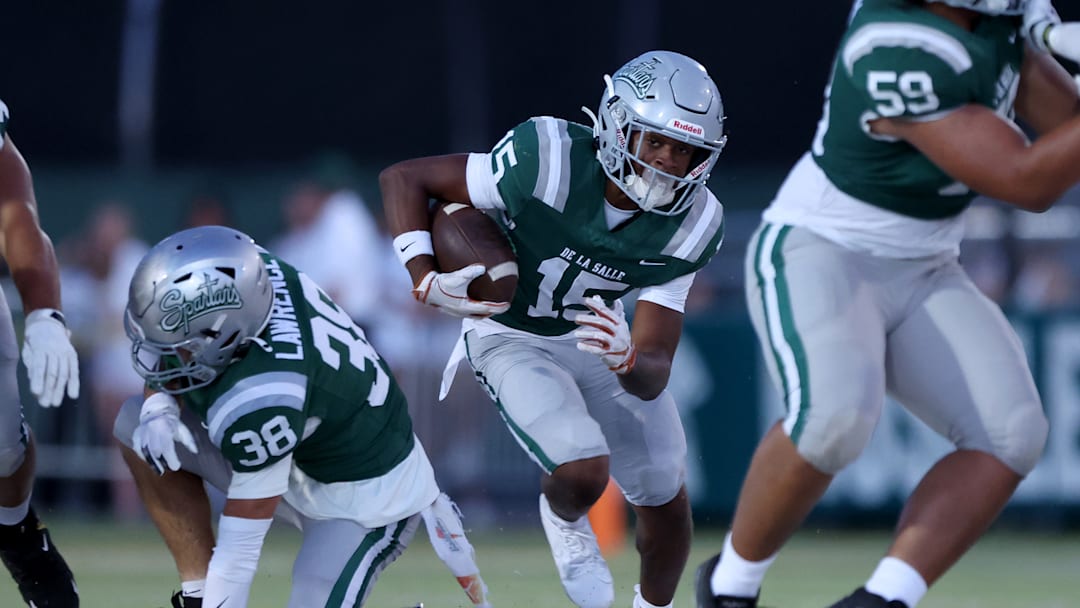 Jaden Jefferson, who finished fourth in the state 100-meter dash (10.40 seconds), scored on a 43-touchdown run in the third quarter during De La Salle's 39-10 win over Serra on Sept. 6, 2024 at Owen Owens Field. 