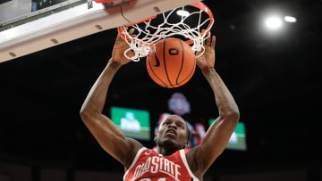 Nov 15, 2023; Columbus, OH, USA; Ohio State Buckeyes center Felix Okpara (34) dunks during the first half of the NCAA men’s basketball game against the Merrimack College Warriors at Value City Arena.