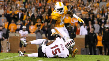 South Carolina football receiver Matrick Belton making a sliding catch against Tennessee