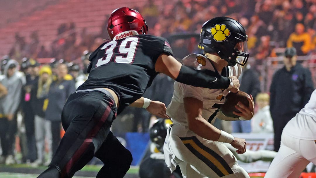 St. Joseph's Prep's Anthony Sacca flies in to make a tackle during the 2023 PIAA Class 6A state championship game against North Allegheny. 