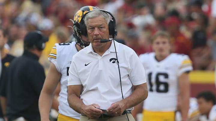 Iowa Hawkeyes' head football coach Kirk Ferentz reacts during the fourth quarter against Iowa State in the Cy-Hawk football game at the Jack Trice Stadium on Saturday, Sept. 9, 2023, in Ames, Iowa.