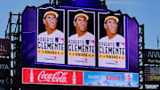 Sep 15, 2023; Denver, Colorado, USA; General view of the Coors Field video display honoring Puerto Rican baseball player Roberto Clemente day