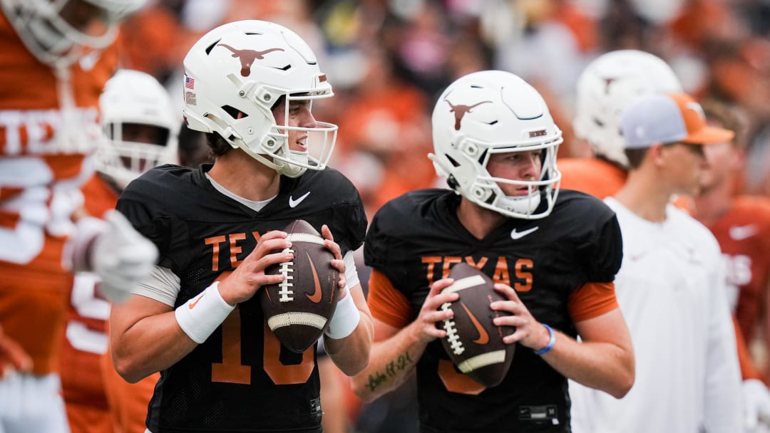 April 20, 2024; Austin, Texas, USA: Texas Longhorns quarterbacks Arch Manning (16) and  Quinn Ewers (3).