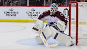 Dec 8, 2024; Newark, New Jersey, USA; Colorado Avalanche goaltender Scott Wedgewood (41) defends his net against the New Jersey Devils during the second period at Prudential Center. Mandatory Credit: Ed Mulholland-Imagn Images