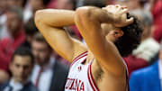 Indiana's Anthony Leal (3) reacts to the loss after the Indiana versus Maryland men's basketball game at Simon Skjodt Assembly Hall on Sunday, Jan. 26, 2025.