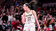 Indiana Fever guard Caitlin Clark (22) celebrates Saturday, May 24, 2025, during a game between the Indiana Fever and the New York Liberty at Gainbridge Fieldhouse in Indianapolis. The New York Liberty defeated the Indiana Fever, 90-88.