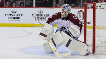 Dec 8, 2024; Newark, New Jersey, USA; Colorado Avalanche goaltender Scott Wedgewood (41) defends his net against the New Jersey Devils during the second period at Prudential Center. Mandatory Credit: Ed Mulholland-Imagn Images