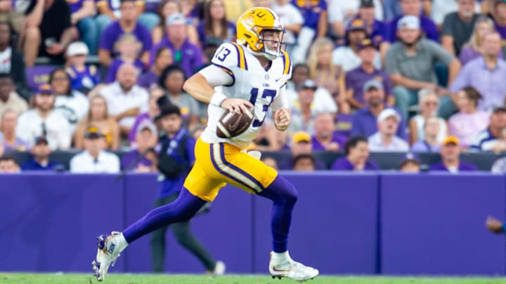 Quarterback Garrett Nussmeier 13 throws a pass as the LSU Tigers take on the Nicholls Colonels at Tiger Stadium in Baton Rouge, LA. Saturday, Sept. 7, 2024.