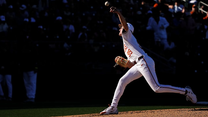 Texas Longhorns pitcher Dylan Volantis (99) throw a pitch during the annual Texas baseball alumni game at UFCU Disch-Falk Field on Saturday, Feb. 1, 2025. Texas Longhorns pitcher Dylan Volantis (99) throw a pitch during the annual Texas baseball alumni game at UFCU Disch-Falk Field on Saturday, Feb. 1, 2025.