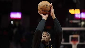 Feb 20, 2025; Portland, Oregon, USA; Los Angeles Lakers forward Rui Hachimura (28) warms up before a game against the Portland Trail Blazers at Moda Center. Mandatory Credit: Troy Wayrynen-Imagn Images