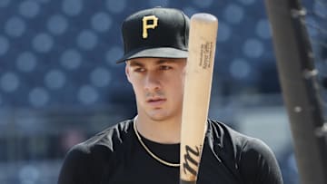 Aug 2, 2024; Pittsburgh, Pennsylvania, USA;  Pittsburgh Pirates shortstop Konnor Griffin who was the ninth overall pick in first round of the 2024 First-Year Player Draft at the batting cage before a game against the Arizona Diamondbacks at PNC Park. Mandatory Credit: Charles LeClaire-Imagn Images