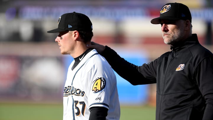 Cleveland Guardians top prospect Travis Bazzana with RubberDucks manager Greg DiCenzo before the starkt of the home opener against Altoona Curve. Tuesday, April 08, 2025.