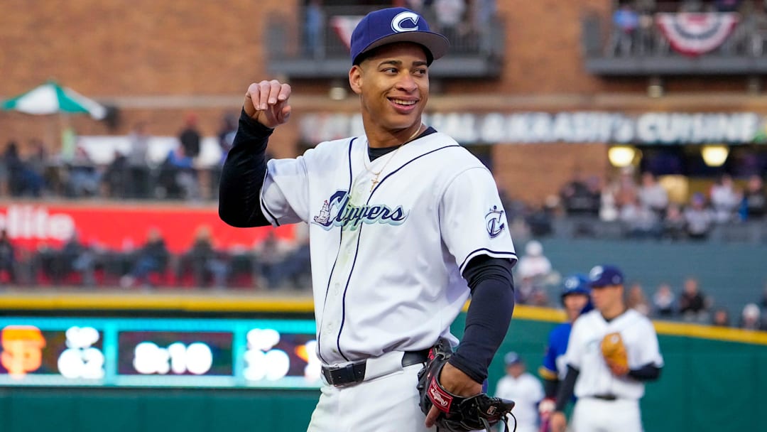 Columbus Clippers infielder Juan Brito (24) laughs during the game against the St. Paul Saints at Huntington Park on Tuesday, April 1, 2025 in Columbus, Ohio. Columbus Clippers infielder Juan Brito (24) laughs during the game against the St. Paul Saints at Huntington Park on Tuesday, April 1, 2025 in Columbus, Ohio.