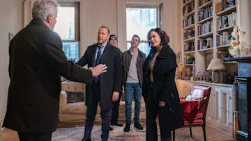 "The Heart of a Saturday Night" -- Coverage of the CBS Original Series BLUE BLOODS, scheduled to air on the CBS Television Network. Pictured (L-R): Aidan Quinn as Det. Gus Vanderlip, Donnie Wahlberg as Danny Reagan, Marisa Ramirez as Maria Baez 