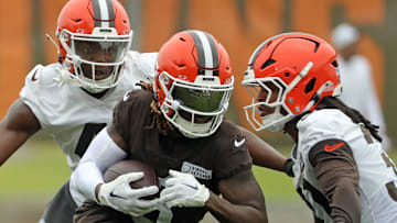 Cleveland Browns wide receiver Jerry Jeudy (3) turns up the field for yards against linebacker Devin Bush (30) during an NFL practice at the Cleveland Browns training facility on Wednesday, May 28, 2025, in Berea, Ohio.
