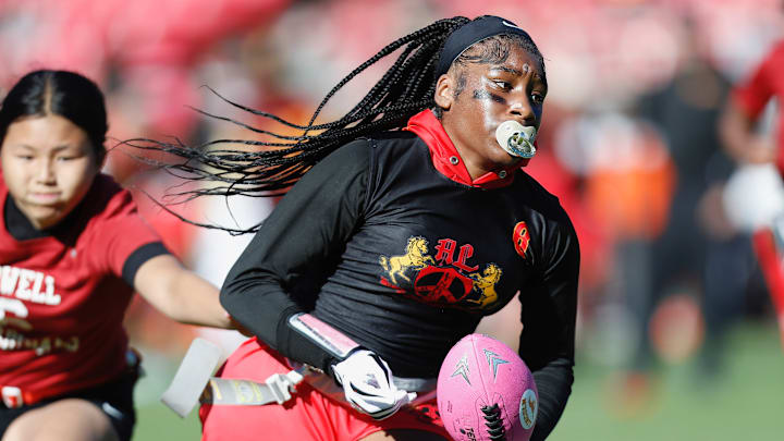 Lincoln sophomore Kai'Veyh Robinson scored both touchdowns in her team's 12-2 win over Lowell in the first San Francisco Section Flag Football championship game played Thanksgiving at Kezar Stadium. 11-28-2024 Lincoln sophomore Kai'Veyh Robinson scored both touchdowns in her team's 12-2 win over Lowell in the first San Francisco Section Flag Football championship game played Thanksgiving at Kezar Stadium. 11-28-2024