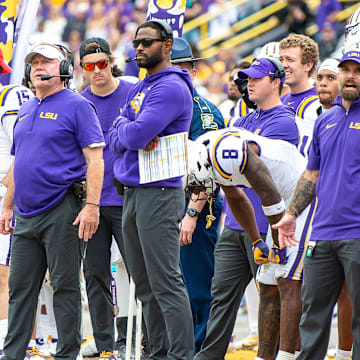 Tigers Head Coach Brian Kelly as the LSU Tigers take on Texas A&M in Tiger Stadium in Baton Rouge, Louisiana, November 25, 2023.