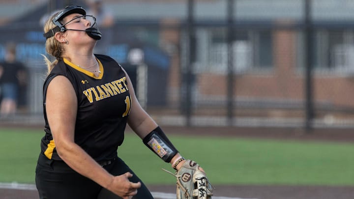 SJV pitcher Madison McDougall. St. John Vianney defeats Mount St. Dominic 4-1 in Non-Public A state championship softball game in Union, NJ on June 6, 2024.