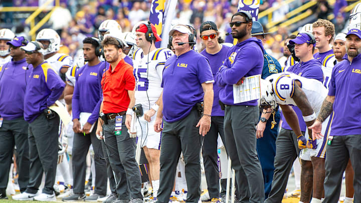 Tigers Head Coach Brian Kelly as the LSU Tigers take on Texas A&M in Tiger Stadium in Baton Rouge, Louisiana, November 25, 2023.