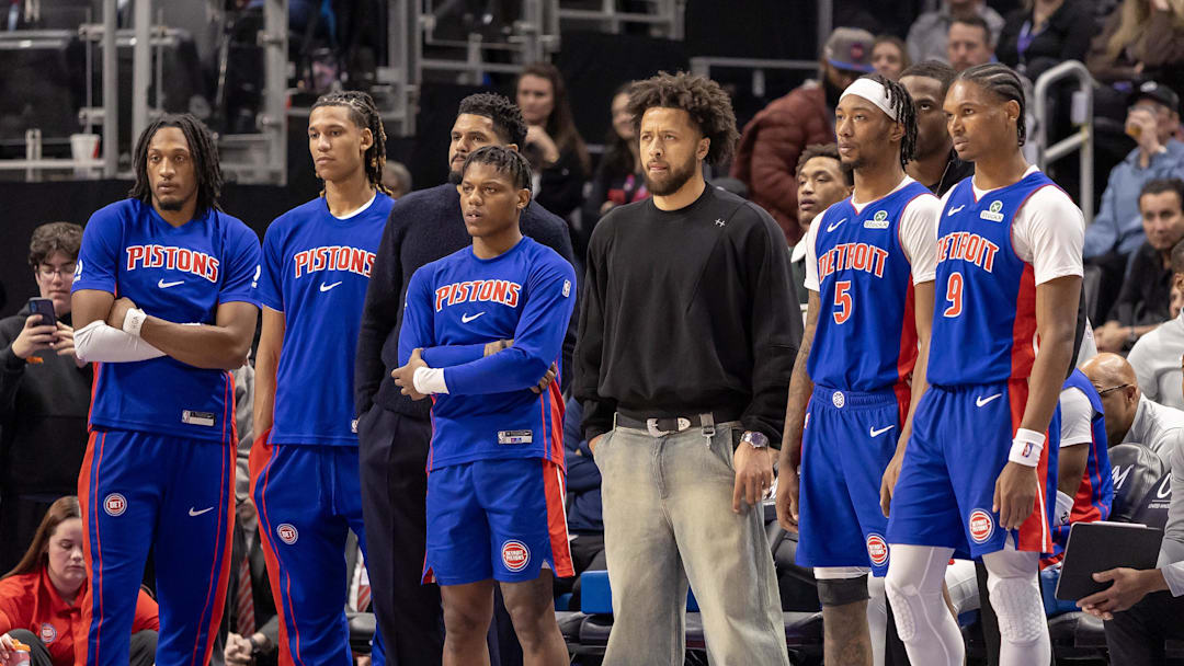 Jan 10, 2026; Detroit, Michigan, USA; Detroit Pistons guard Cade Cunningham (2) and the rest of the team watch form the bench late in the fourth quarter against the LA Clippers at Little Caesars Arena. Mandatory Credit: David Reginek-Imagn Images