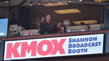 Oct 3, 2021; St. Louis, Missouri, USA;  St. Louis Cardinals broadcaster Mike Shannon is honor in his