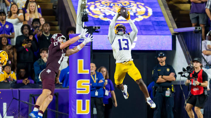 Safety AJ Haulcy 13 interception as LSU Tigers take on the Texas A&M Aggies. October 25, 2025; Baton Rouge, Louisiana, USA; at Tiger Stadium. Saturday, Oct. 25, 2025.