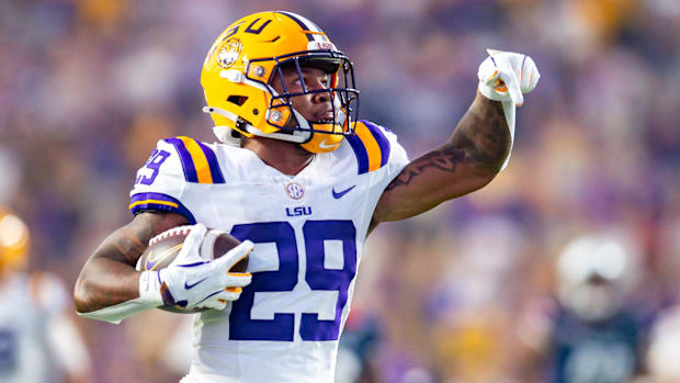 Caden Durham scores a touchdown as the LSU Tigers take on the South Alabama Jaguars at Tiger Stadium on Sept. 28, 2024.