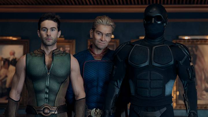 Chace Crawford (The Deep), Antony Starr (Homelander), Nathan Mitchell (Black Noir) in The Boys season 5. Courtesy of Prime Video.