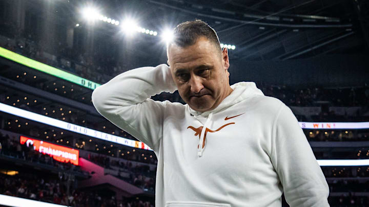 Texas coach Steve Sarkisian reacts as he heads to the locker room after his team's loss to Ohio State in the 2025 Cotton Bowl at A&T Stadium in Dallas.